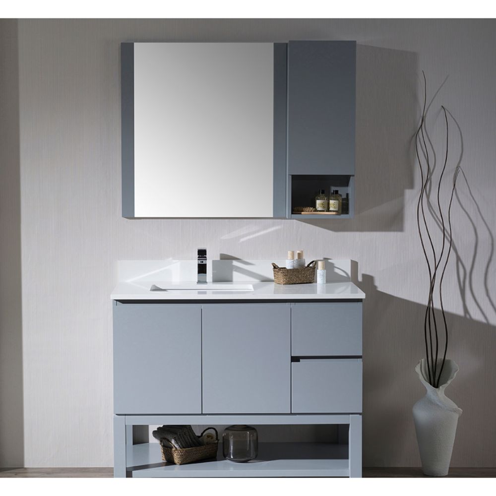 Monaco Modern 42" Metal Gray Left Bathroom Vanity Set with Mirror, Medicine & Wall Cabinet and Wood Legs Monaco Modern 42" Metal Gray Left Bathroom Vanity Set with Mirror, Medicine & Wall Cabinet and Wood Legs