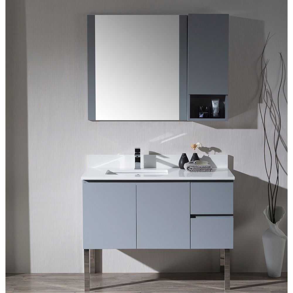 Monaco Modern 42" Metal Gray Left Bathroom Vanity Set with Mirror, Wall Cabinet and Chrome Legs Monaco Modern 42" Metal Gray Left Bathroom Vanity Set with Mirror, Wall Cabinet and Chrome Legs