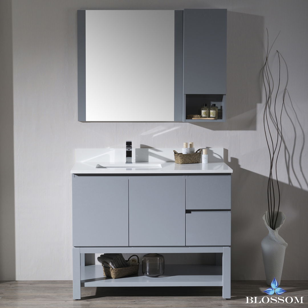 Monaco Modern 42" Metal Gray Left Bathroom Vanity Set with Mirror, Wall Cabinet and Wood Legs Monaco Modern 42" Metal Gray Left Bathroom Vanity Set with Mirror, Wall Cabinet and Wood Legs