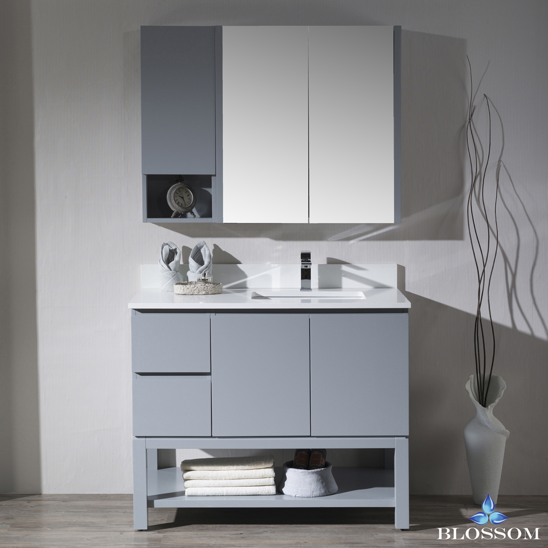 Monaco Modern 42" Metal Gray Right Bathroom Vanity Set with Mirror, Medicine & Wall Cabinet and Wood Legs Monaco Modern 42" Metal Gray Right Bathroom Vanity Set with Mirror, Medicine & Wall Cabinet and Wood Legs