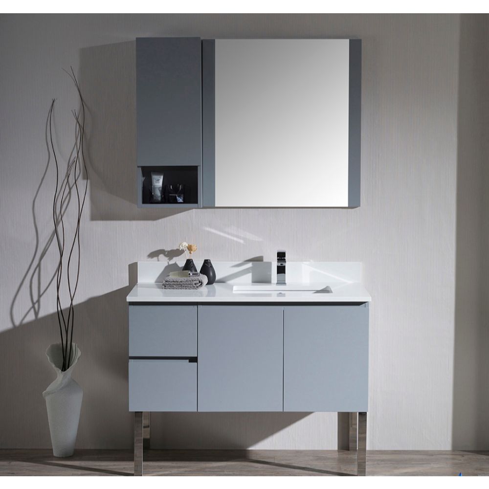 Monaco Modern 42" Metal Gray Right Bathroom Vanity Set with Mirror, Wall Cabinet and Chrome Legs Monaco Modern 42" Metal Gray Right Bathroom Vanity Set with Mirror, Wall Cabinet and Chrome Legs