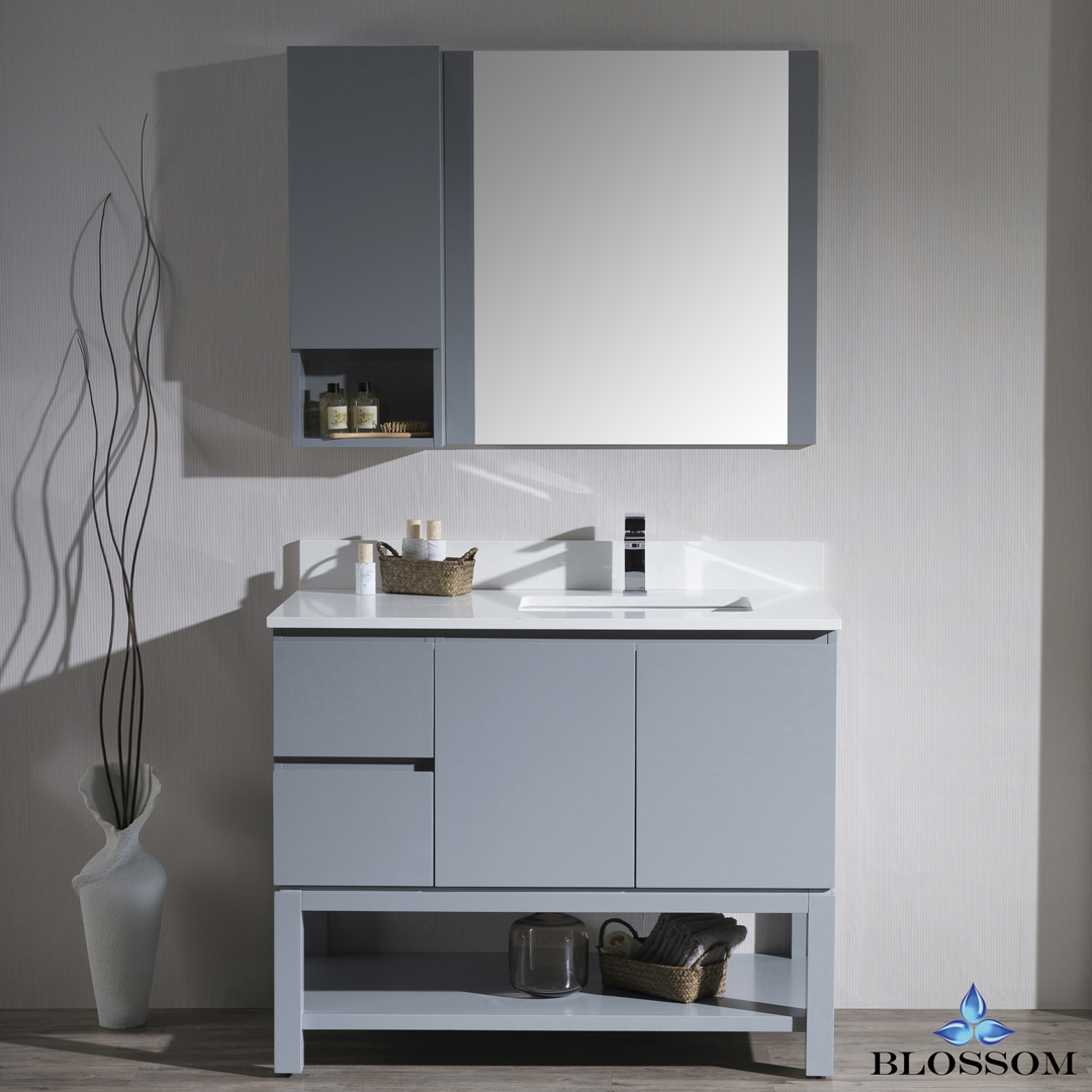 Monaco Modern 42" Metal Gray Right Bathroom Vanity Set with Mirror, Wall Cabinet and Wood Legs Monaco Modern 42" Metal Gray Right Bathroom Vanity Set with Mirror, Wall Cabinet and Wood Legs