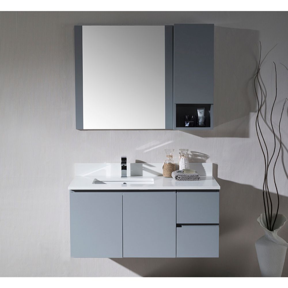 Monaco Modern 42" Metal Gray Wall Mount Left Bathroom Vanity Set with Mirror and Wall Cabinet Monaco Modern 42" Metal Gray Wall Mount Left Bathroom Vanity Set with Mirror and Wall Cabinet