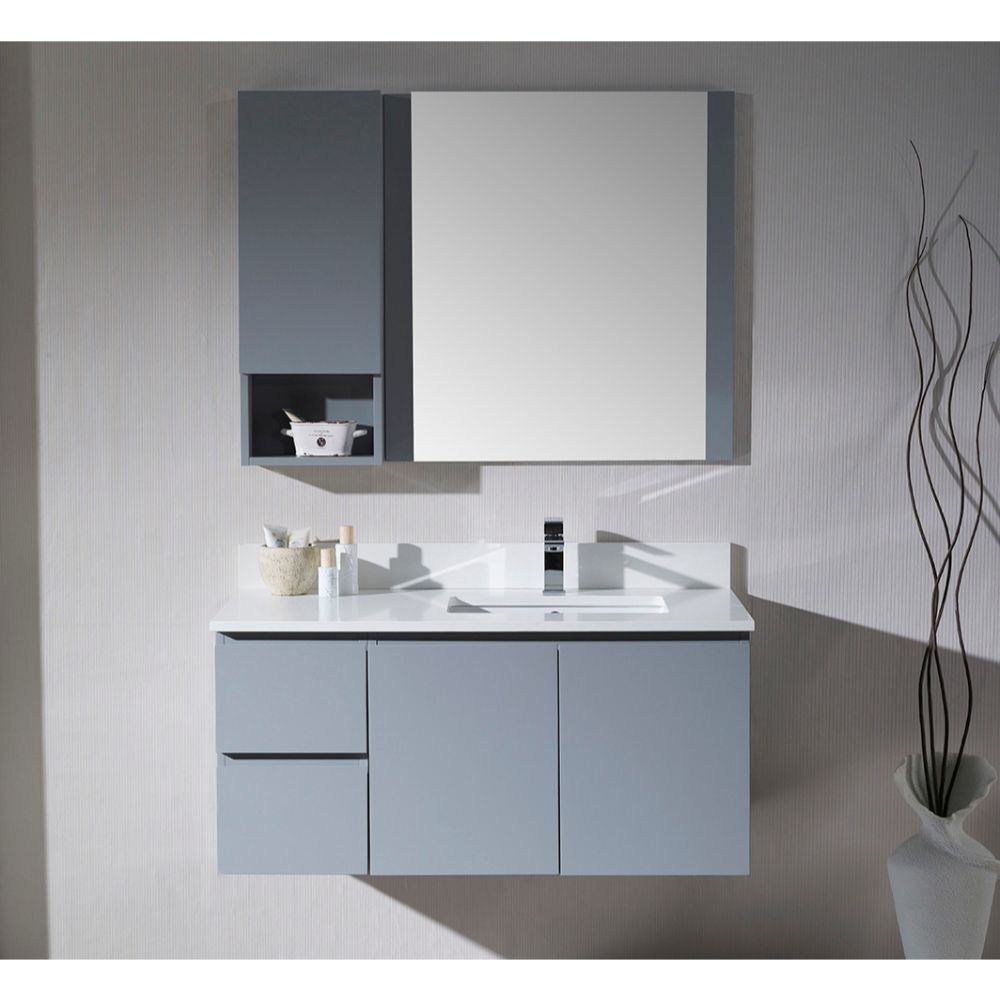 Monaco Modern 42" Metal Gray Wall Mount Right Bathroom Vanity Set with Mirror and Wall Cabinet Monaco Modern 42" Metal Gray Wall Mount Right Bathroom Vanity Set with Mirror and Wall Cabinet