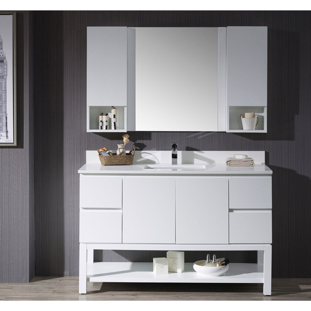 Monaco Modern 54" Matte White Bathroom Vanity Set with Mirror and Wall Cabinets Monaco Modern 54" Matte White Bathroom Vanity Set with Mirror and Wall Cabinets