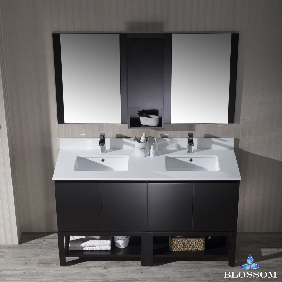 Monaco Modern 60" Espresso Double 30 Bathroom Vanity Set with Mirror and Wall Cabinet Monaco Modern 60" Espresso Double 30 Bathroom Vanity Set with Mirror and Wall Cabinet