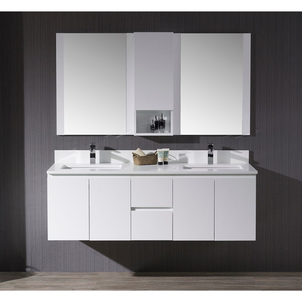 Monaco Modern 60" Matte White Double 24 Wall Mount Bathroom Vanity Set with Mirror and Wall Cabinet Monaco Modern 60" Matte White Double 24 Wall Mount Bathroom Vanity Set with Mirror and Wall Cabinet