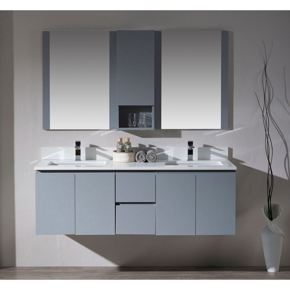 Monaco Modern 60" Metal Gray Double 24 Wall Mount Bathroom Vanity Set with Mirror and Wall Cabinet Monaco Modern 60" Metal Gray Double 24 Wall Mount Bathroom Vanity Set with Mirror and Wall Cabinet