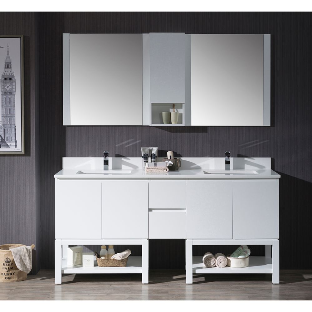 Monaco Modern 72" Matte White Double Bathroom Vanity Set with Mirror and Wall Cabinet Monaco Modern 72" Matte White Double Bathroom Vanity Set with Mirror and Wall Cabinet