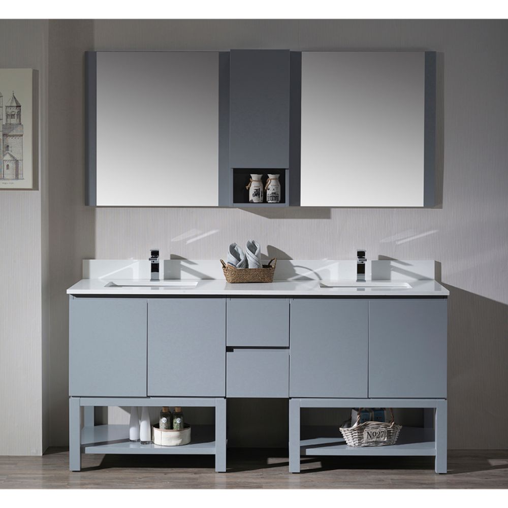 Monaco Modern 72" Metal Gray Double Bathroom Vanity Set with Mirror and Wall Cabinet Monaco Modern 72" Metal Gray Double Bathroom Vanity Set with Mirror and Wall Cabinet