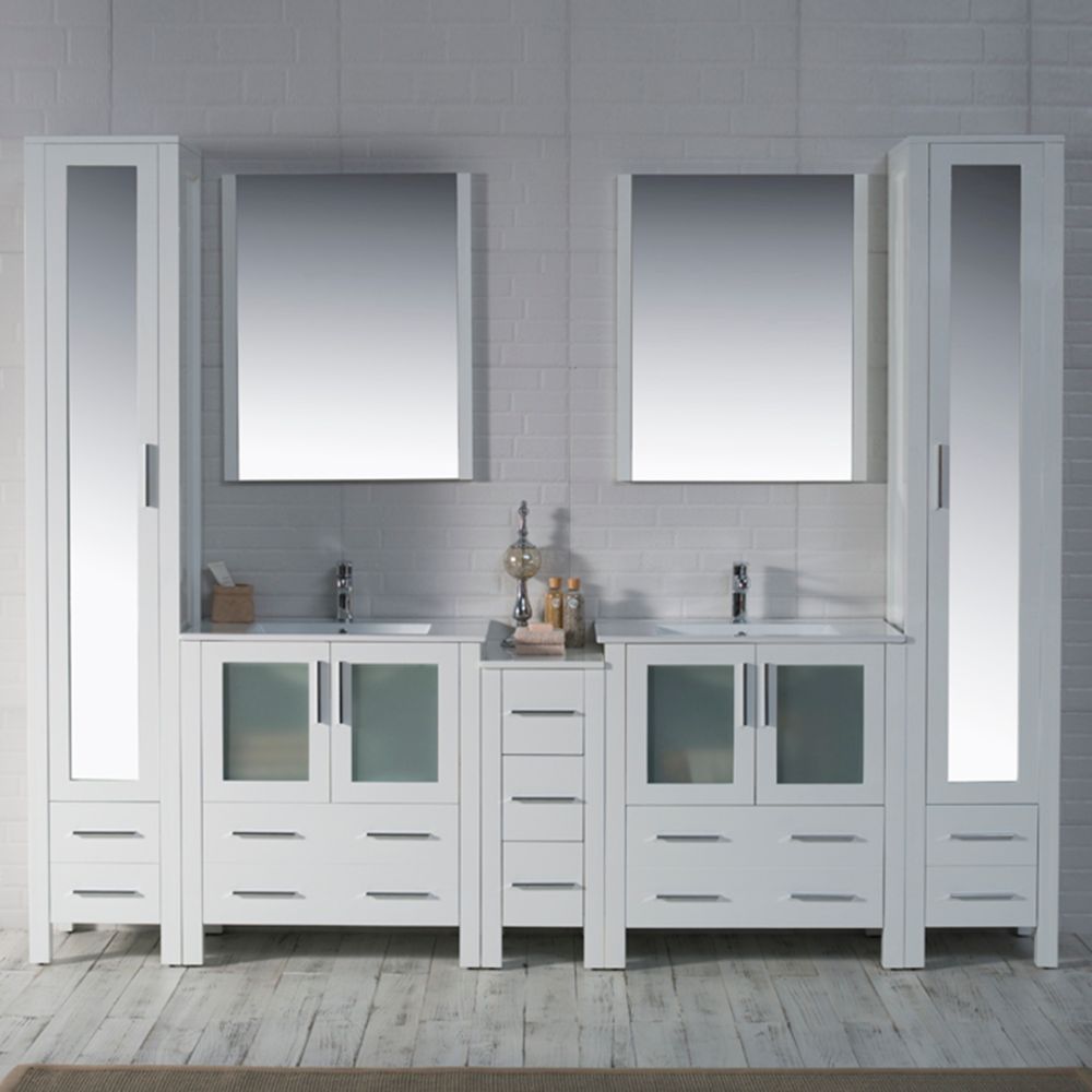 Sydney Modern 102" Bathroom Vanity Set with Mirror Linen Cabinet Glossy White Sydney Modern 102" Bathroom Vanity Set with Mirror Linen Cabinet Glossy White