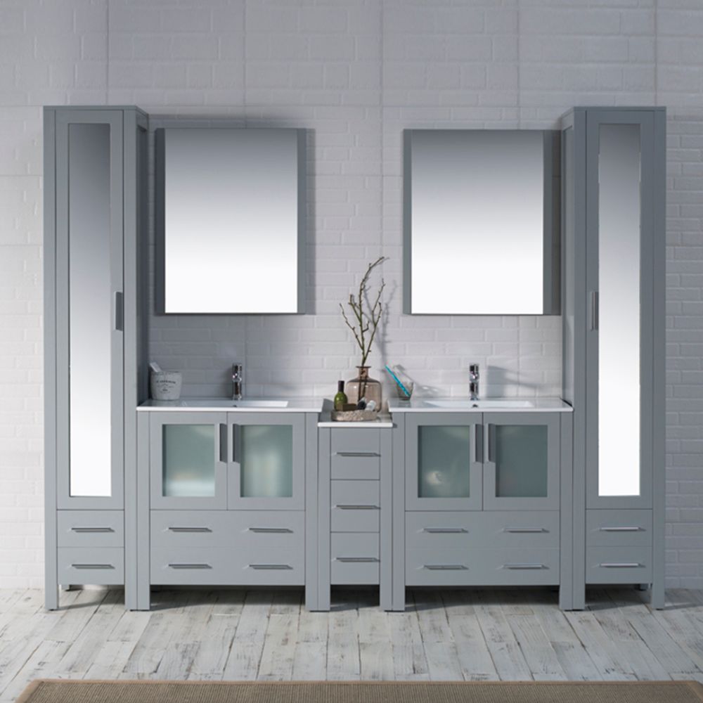 Sydney Modern 102" Bathroom Vanity Set with Mirror Linen Cabinet Metal Gray Sydney Modern 102" Bathroom Vanity Set with Mirror Linen Cabinet Metal Gray
