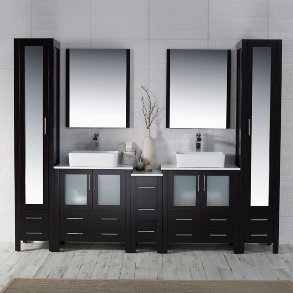 Sydney Modern 102" Bathroom Vanity Set with Vessel Sinks and Mirror Linen Cabinet Espresso Sydney Modern 102" Bathroom Vanity Set with Vessel Sinks and Mirror Linen Cabinet Espresso