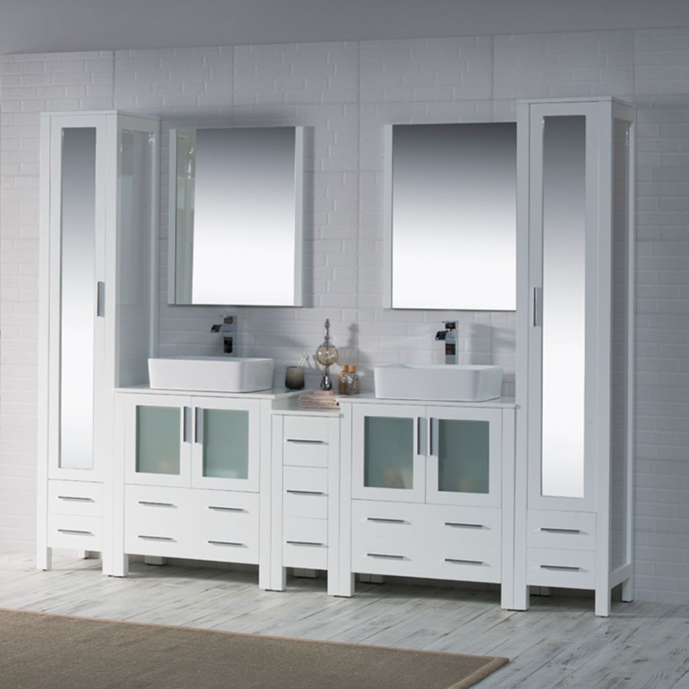 Sydney Modern 102" Bathroom Vanity Set with Vessel Sinks and Mirror Linen Cabinet Glossy White Sydney Modern 102" Bathroom Vanity Set with Vessel Sinks and Mirror Linen Cabinet Glossy White