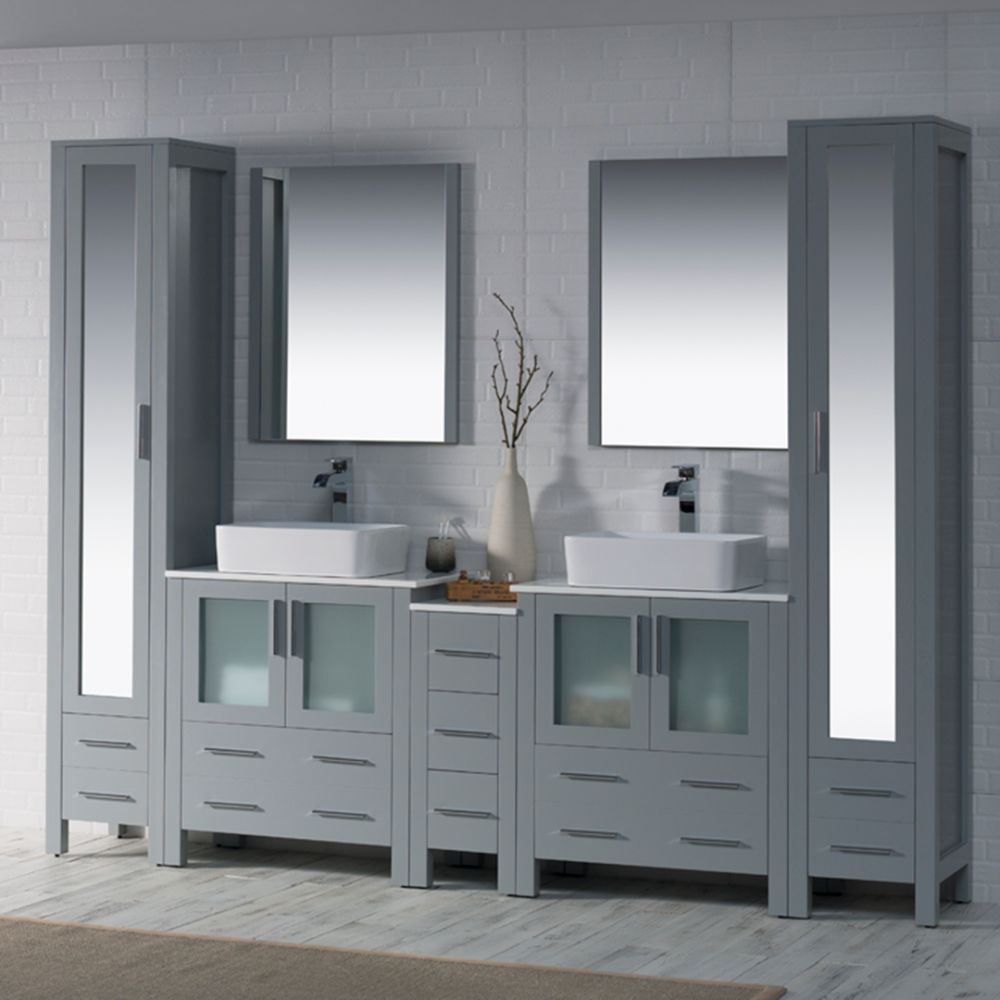 Sydney Modern 102" Bathroom Vanity Set with Vessel Sinks and Mirror Linen Cabinet Metal Gray Sydney Modern 102" Bathroom Vanity Set with Vessel Sinks and Mirror Linen Cabinet Metal Gray