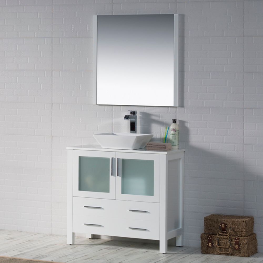 Sydney Modern 36" Bathroom Vanity Set with Vessel Sink and Mirror Glossy White Sydney Modern 36" Bathroom Vanity Set with Vessel Sink and Mirror Glossy White