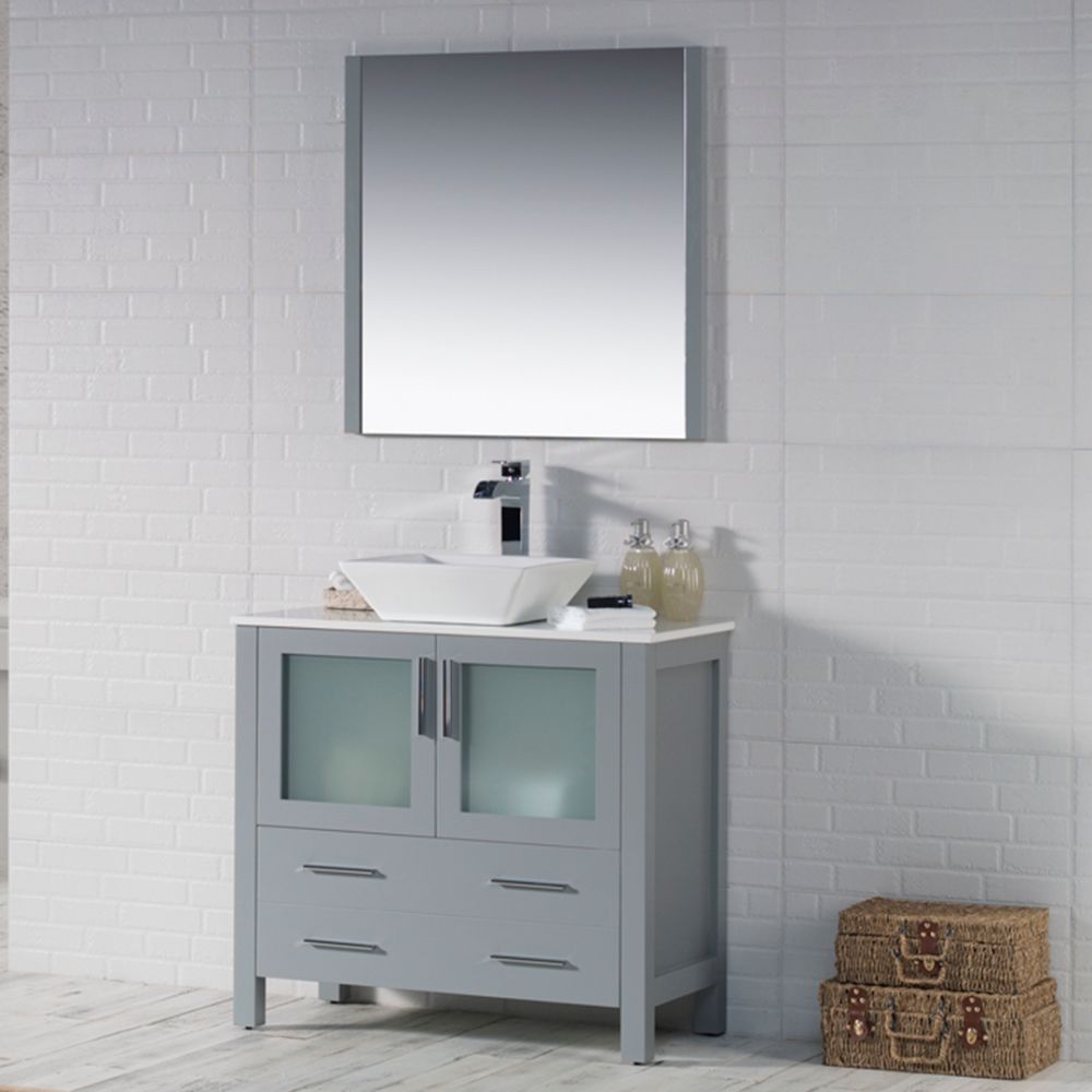 Sydney Modern 36" Bathroom Vanity Set with Vessel Sink and Mirror Metal Gray Sydney Modern 36" Bathroom Vanity Set with Vessel Sink and Mirror Metal Gray