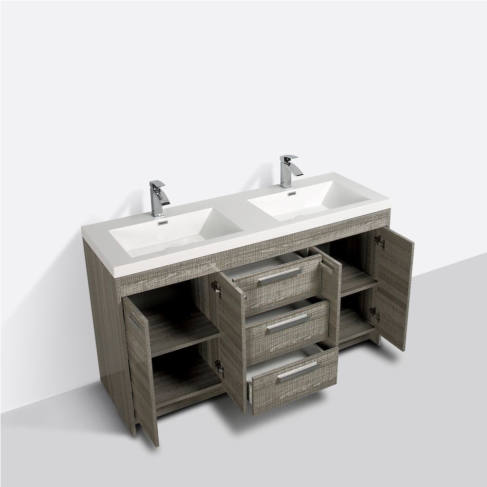 Eviva Lugano 60 In. Ash Modern Double Bathroom Vanity With White Integrated Acrylic Sink