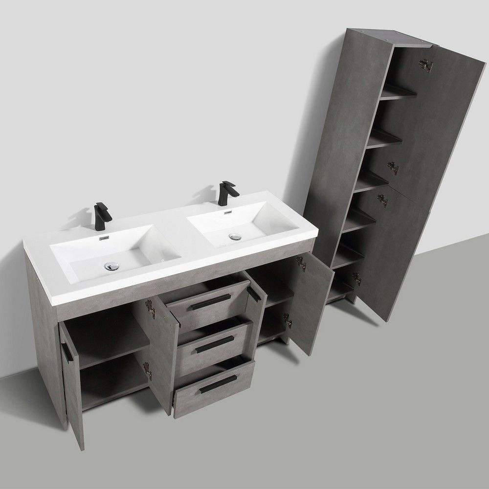 Eviva Lugano 60 In. Cement Gray Modern Double Bathroom Vanity With White Integrated Acrylic Sink