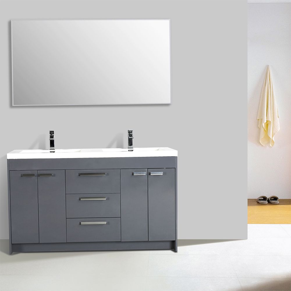Eviva Lugano 60 In. Gray Modern Double Bathroom Vanity With White Integrated Acrylic Sink