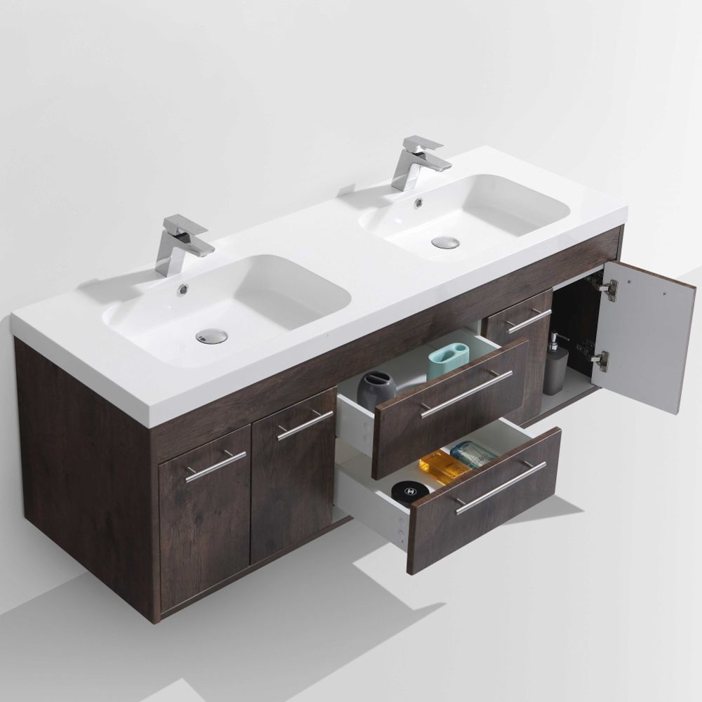 Eviva Lugano 60 In. Rosewood Modern Wall Mount Double Bathroom Vanity With White Integrated Acrylic Sink