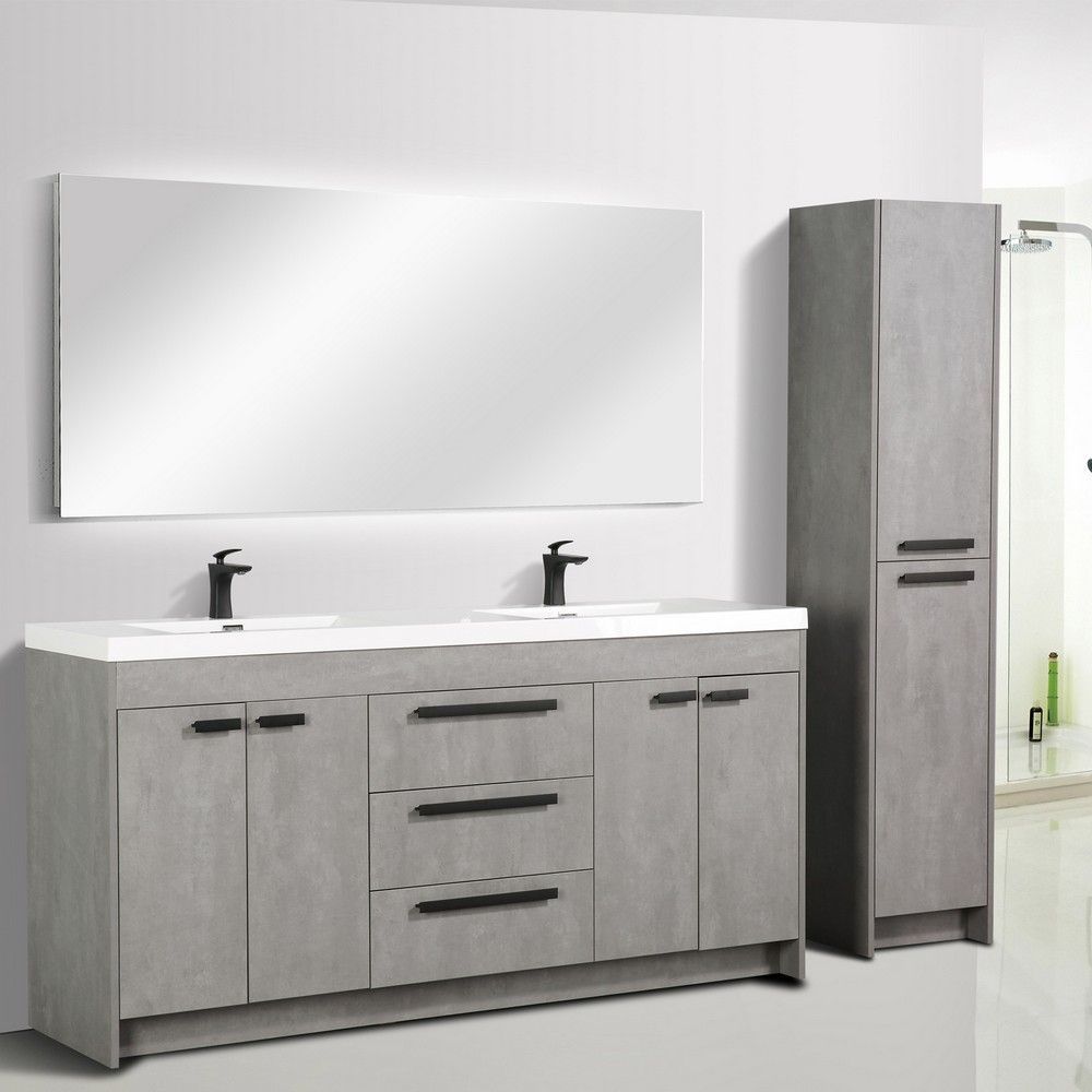 Eviva Lugano 72 In. Cement Gray Modern Double Bathroom Vanity With White Integrated Acrylic Sink
