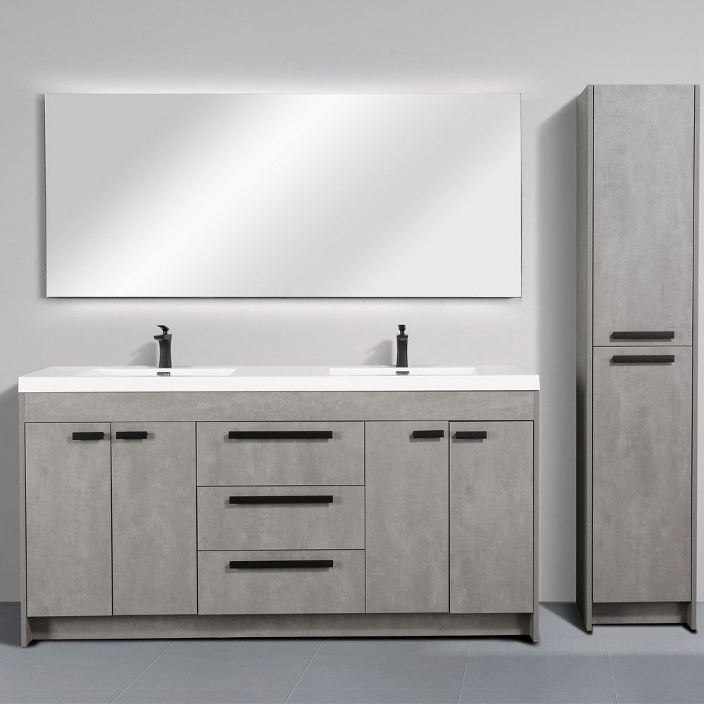 Eviva Lugano 72 In. Cement Gray Modern Double Bathroom Vanity With White Integrated Acrylic Sink