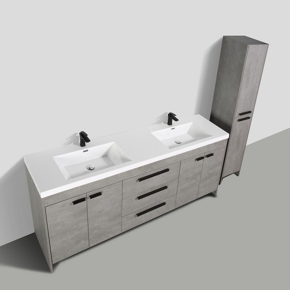 Eviva Lugano 84 In. Cement Gray Modern Double Bathroom Vanity With White Integrated Acrylic Sink