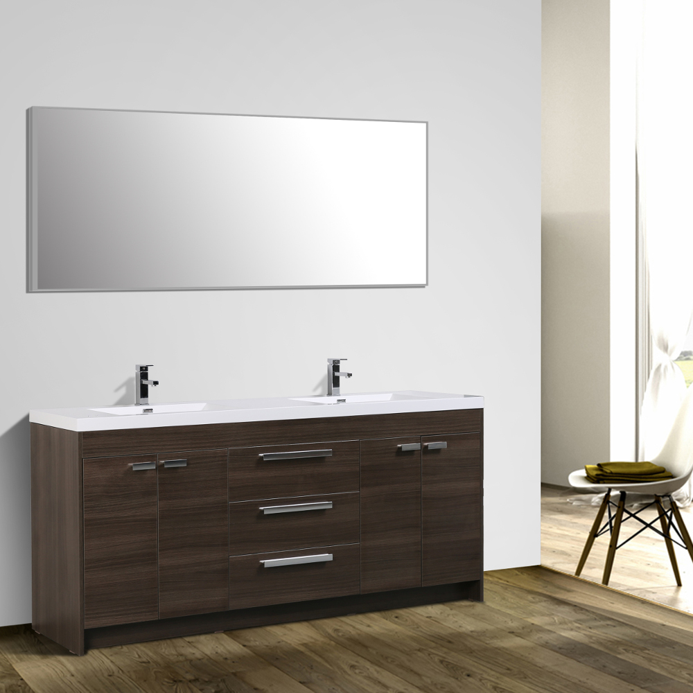 Eviva Lugano 84 In. Grey Oak Modern Bathroom Vanity With White Integrated Acrylic Double Sink