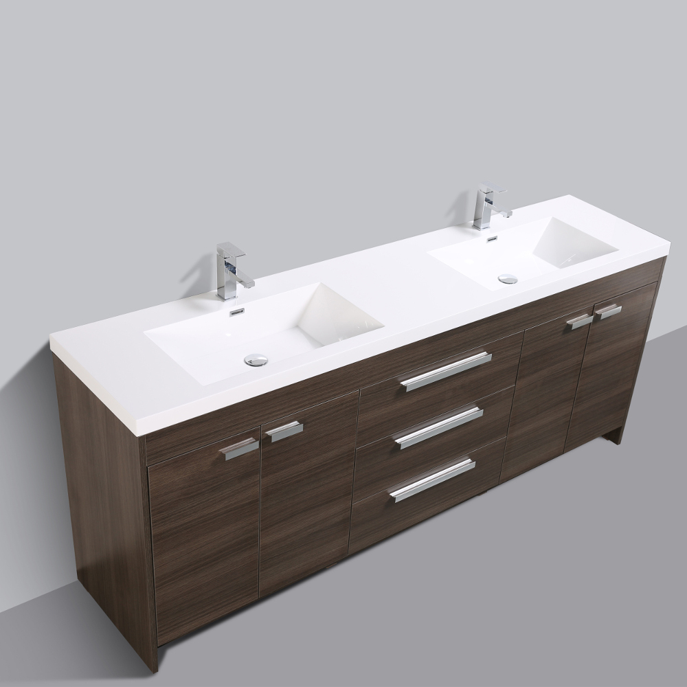 Eviva Lugano 84 In. Grey Oak Modern Bathroom Vanity With White Integrated Acrylic Double Sink