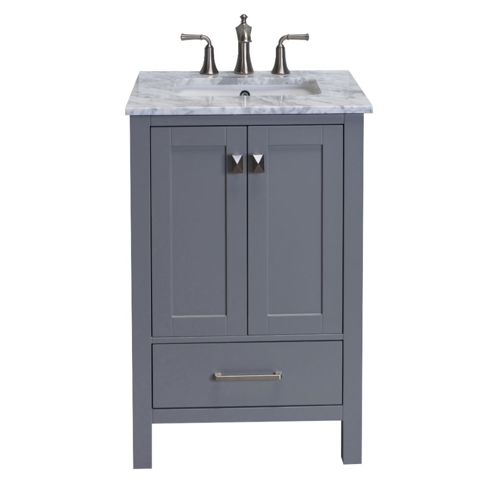 Eviva Aberdeen 24 In. Transitional Grey Bathroom Vanity With White Carrera Countertop