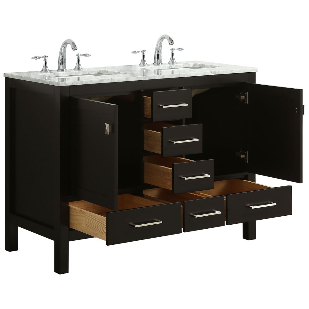 Eviva Aberdeen 48 In. Transitional Espresso Double Bathroom Vanity With White Carrera Countertop