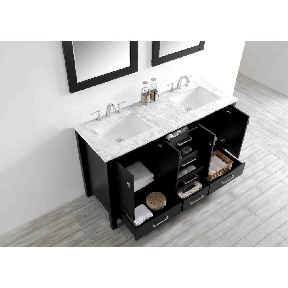 Eviva Aberdeen 60 In. Transitional Espresso Bathroom Vanity With White Carrera Countertop