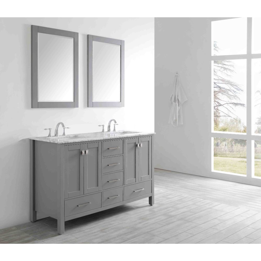 Eviva Aberdeen 60 In. Transitional Grey Bathroom Vanity With White Carrera Countertop and Double Square Sinks