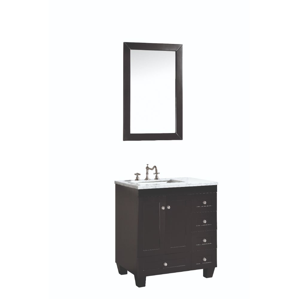 Eviva Acclaim C. 30 In. Transitional Espresso Bathroom Vanity With White Carrera Marble Countertop