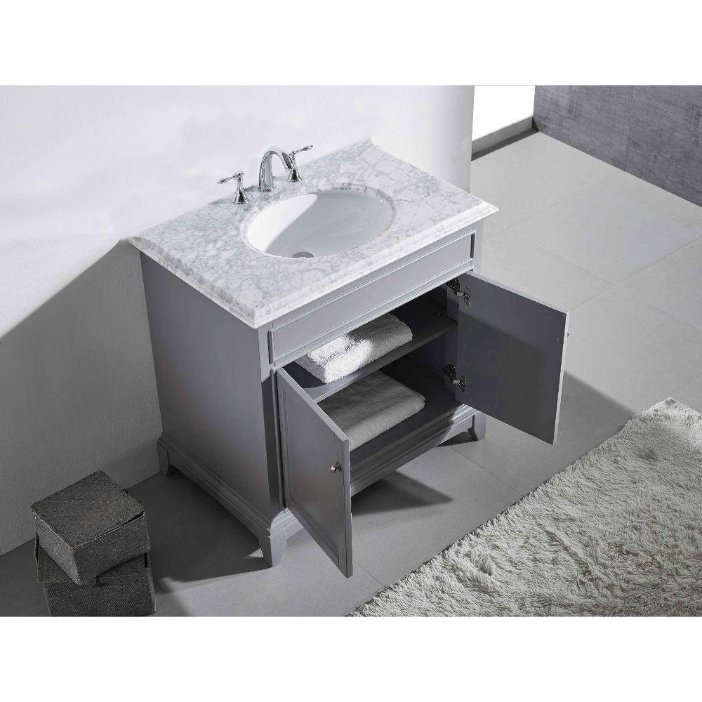 Eviva Elite Stamford 36 In. Gray Solid Wood Bathroom Vanity Set With Double Og White Carrera Marble Top and White Undermount Porcelain Sink
