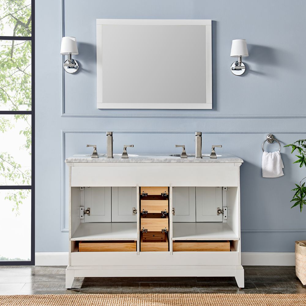 Eviva Elite Stamford 48 In. White Solid Wood Bathroom Vanity Set With Double Og White Carrera Marble Top and White Undermount Porcelain Sink