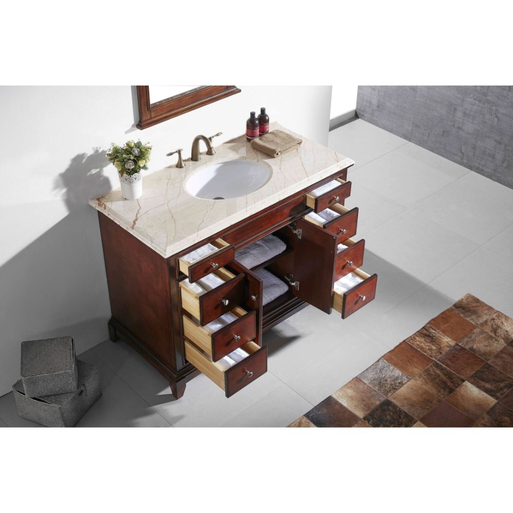 Eviva Elite Stamford 60 In. Brown (Teak) Solid Wood Single Bathroom Vanity Set With Crema Marfil Marble Top and White Undermount Porcelain Sink