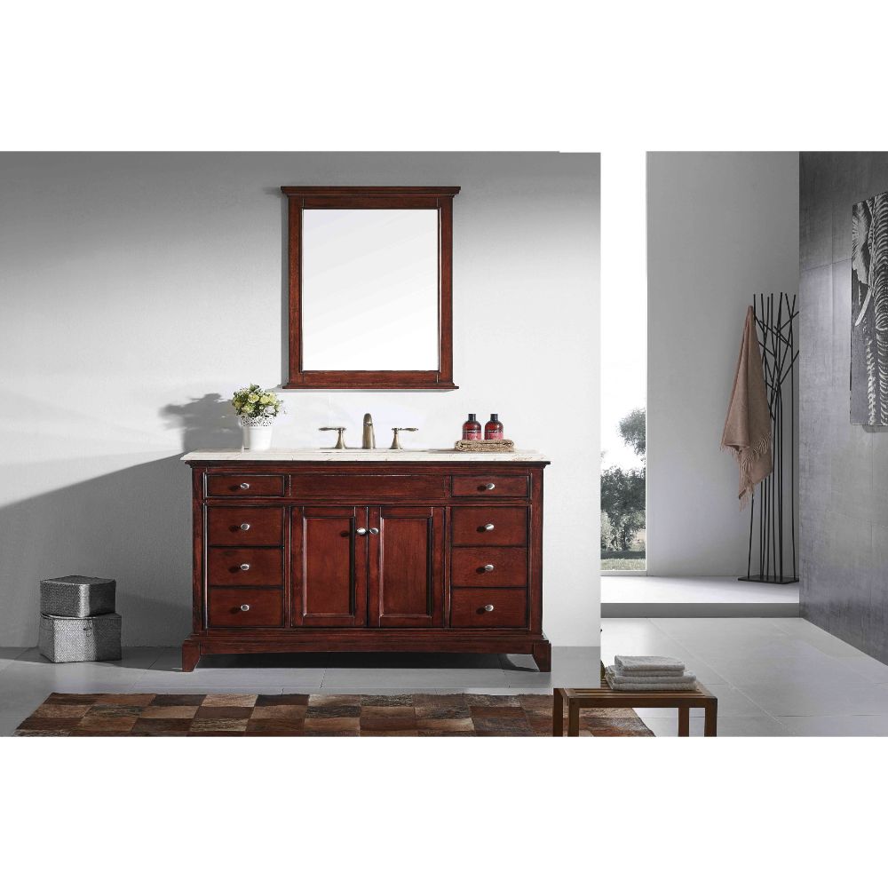 Eviva Elite Stamford 60 In. Brown (Teak) Solid Wood Single Bathroom Vanity Set With Crema Marfil Marble Top and White Undermount Porcelain Sink