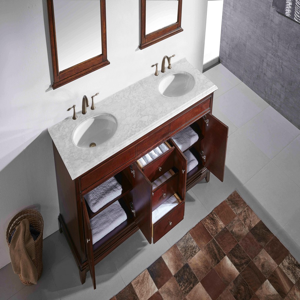Eviva Elite Stamford 60 In. Brown Solid Wood Bathroom Vanity Set With Double Og White Carrara Marble Top and White Undermount Porcelain Sinks