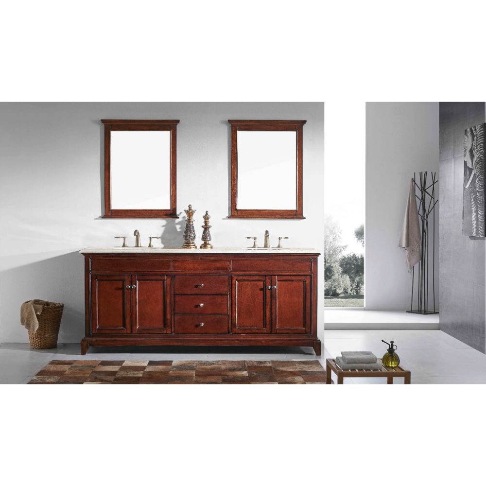 Eviva Elite Stamford 72 In. Brown Solid Wood Bathroom Vanity Set With Double Og Crema Marfil Marble Top and White Undermount Porcelain Sinks