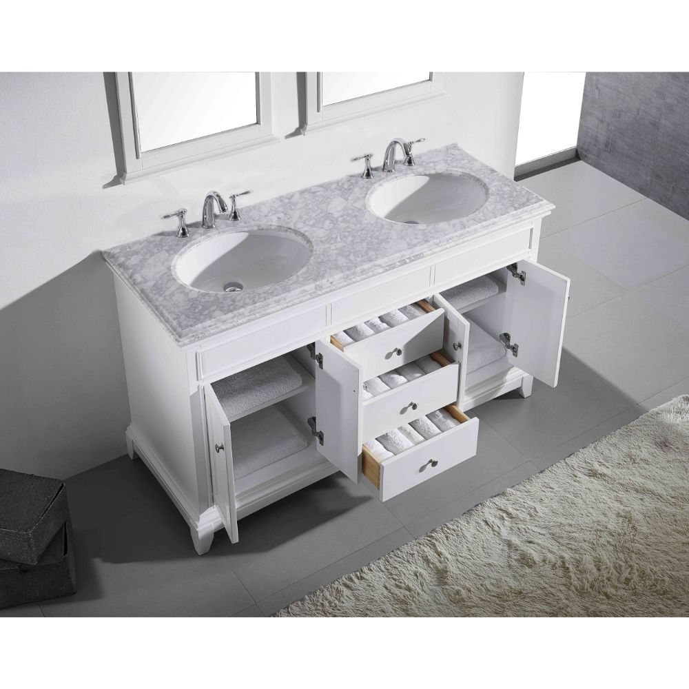 Eviva Elite Stamford 72 In. White Solid Wood Bathroom Vanity Set With Double Og White Carrera Marble Top and White Undermount Porcelain Sinks