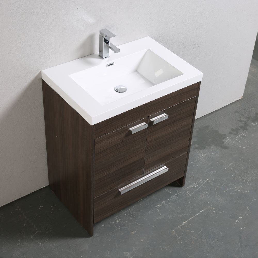 Eviva Lugano 30 In. Grey Oak Modern Bathroom Vanity With White Integrated Acrylic Sink