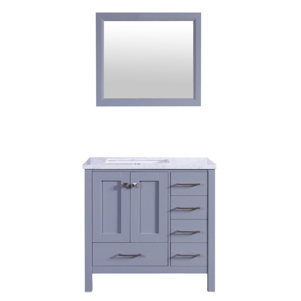 Eviva Aberdeen 36 In. Transitional Grey Bathroom Vanity With White Carrera Countertop and Square Sink