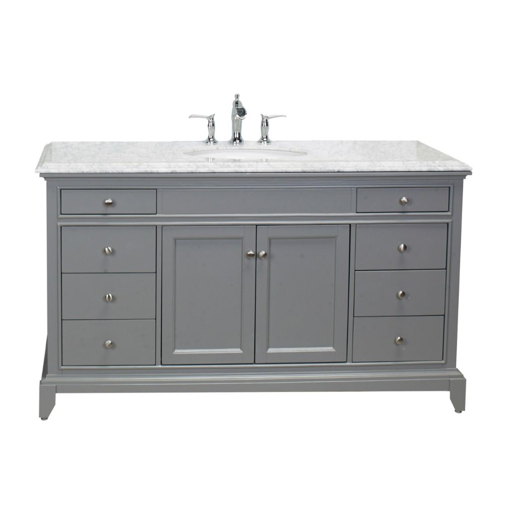 Eviva Elite Stamford 60 In. Grey Solid Wood Single Bathroom Vanity Set With Double Og Crema Marfil Marble Top and White Undermount Porcelain Sink