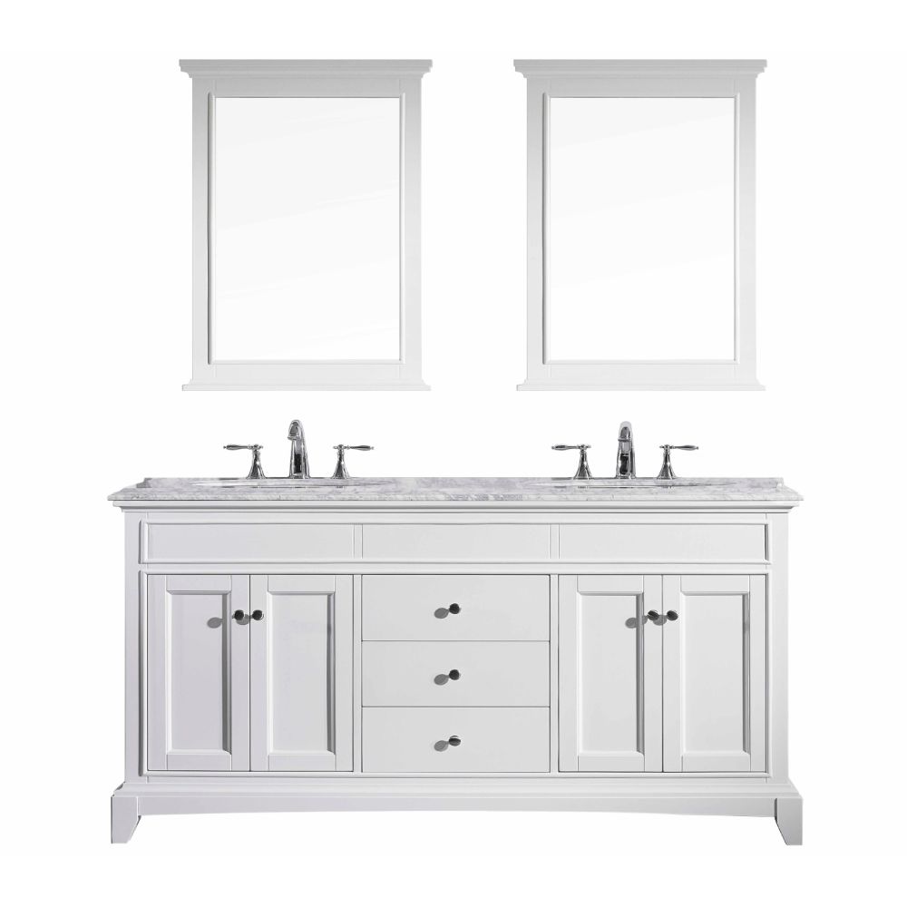 Eviva Elite Stamford 72 In. White Solid Wood Bathroom Vanity Set With Double Og White Carrera Marble Top and White Undermount Porcelain Sinks Eviva Elite Stamford 72 In. White Solid Wood Bathroom Vanity Set With Double Og White Carrera Marble Top and White Undermount Porcelain Sinks