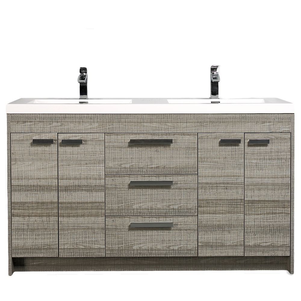 Eviva Lugano 60 In. Ash Modern Double Bathroom Vanity With White Integrated Acrylic Sink