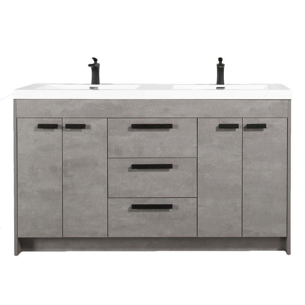 Eviva Lugano 60 In. Cement Gray Modern Double Bathroom Vanity With White Integrated Acrylic Sink