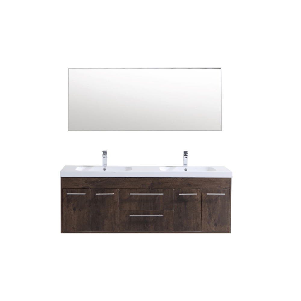 Eviva Lugano 60 In. Rosewood Modern Wall Mount Double Bathroom Vanity With White Integrated Acrylic Sink