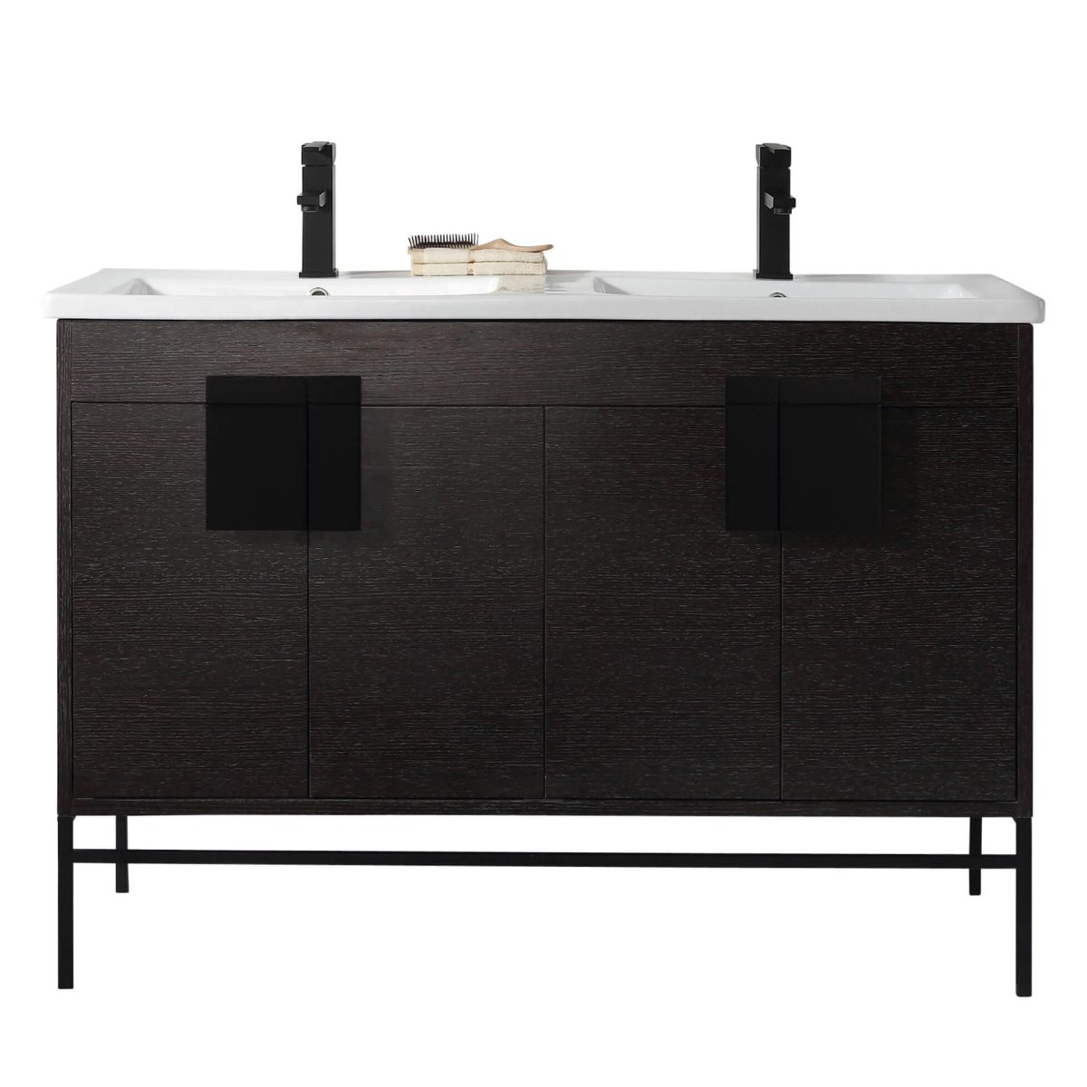 Shawbridge 48" Modern Double Bathroom Vanity  Black Oak Straight Grain with Black Hardware